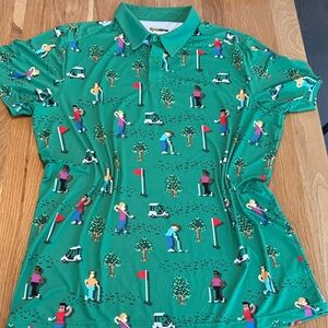 TIPSY ELVES Mens XXL Golf Shirt, EUC, bright green with pixel style golfers